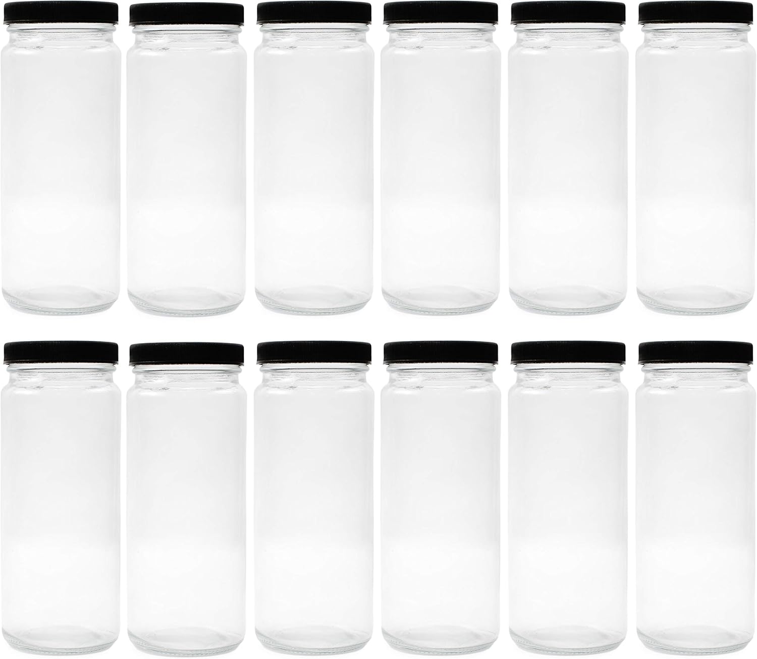 Cornucopia 16oz Glass Juice Jars (12-pack); Reusable Clear Glass Containers with Lids for Juicing, Smoothies, Kombucha, and Iced Tea