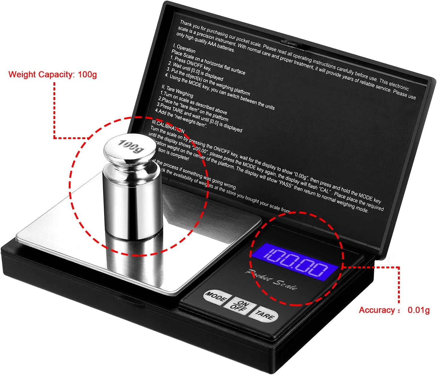 Digital Pocket Scale Set,100 g 0.01 g Mini Scale Electronic Grams Scale with 1 g, 2 g, 5 g, 10 g, 20 g - Image 4