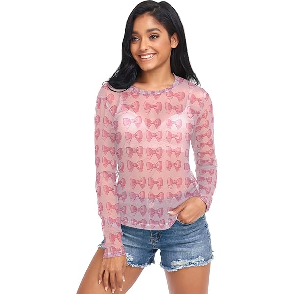 J JOYSAY Pink Checkered See Through Tops for Women Mesh