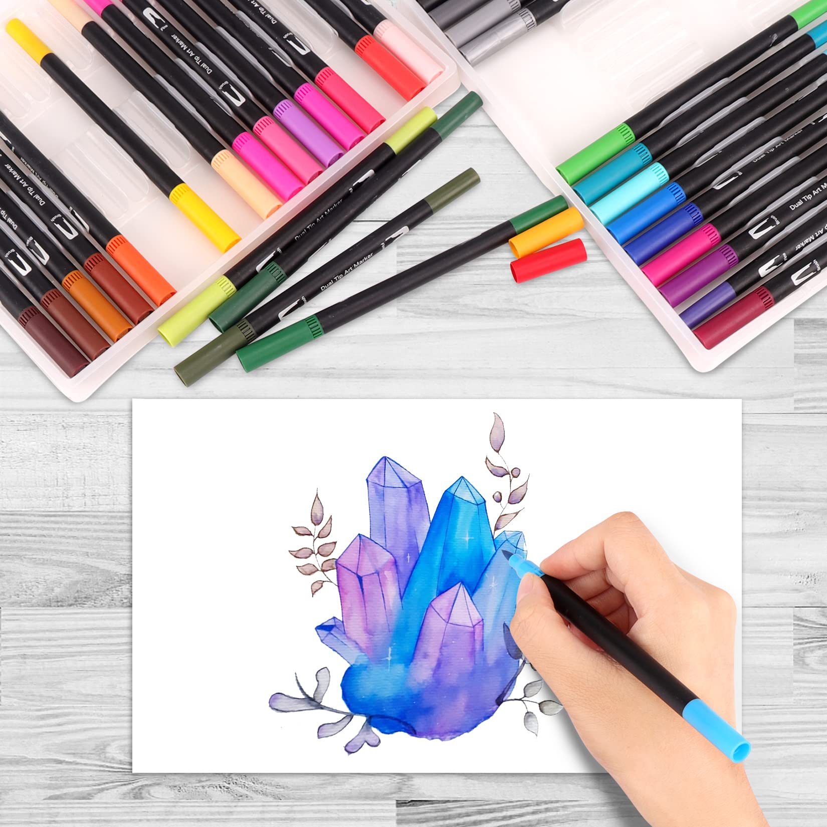 Dual Brush Pen Set, 24 Farben, Pinselstifte, Filzstifte für Kinder Bullet Journal Handlettering Aquarell Mandala Kalligraphie Manga Erwachsene Doppelfasermaler Fasermaler[1-2 mm] und Fineliner[0,4 mm] 2