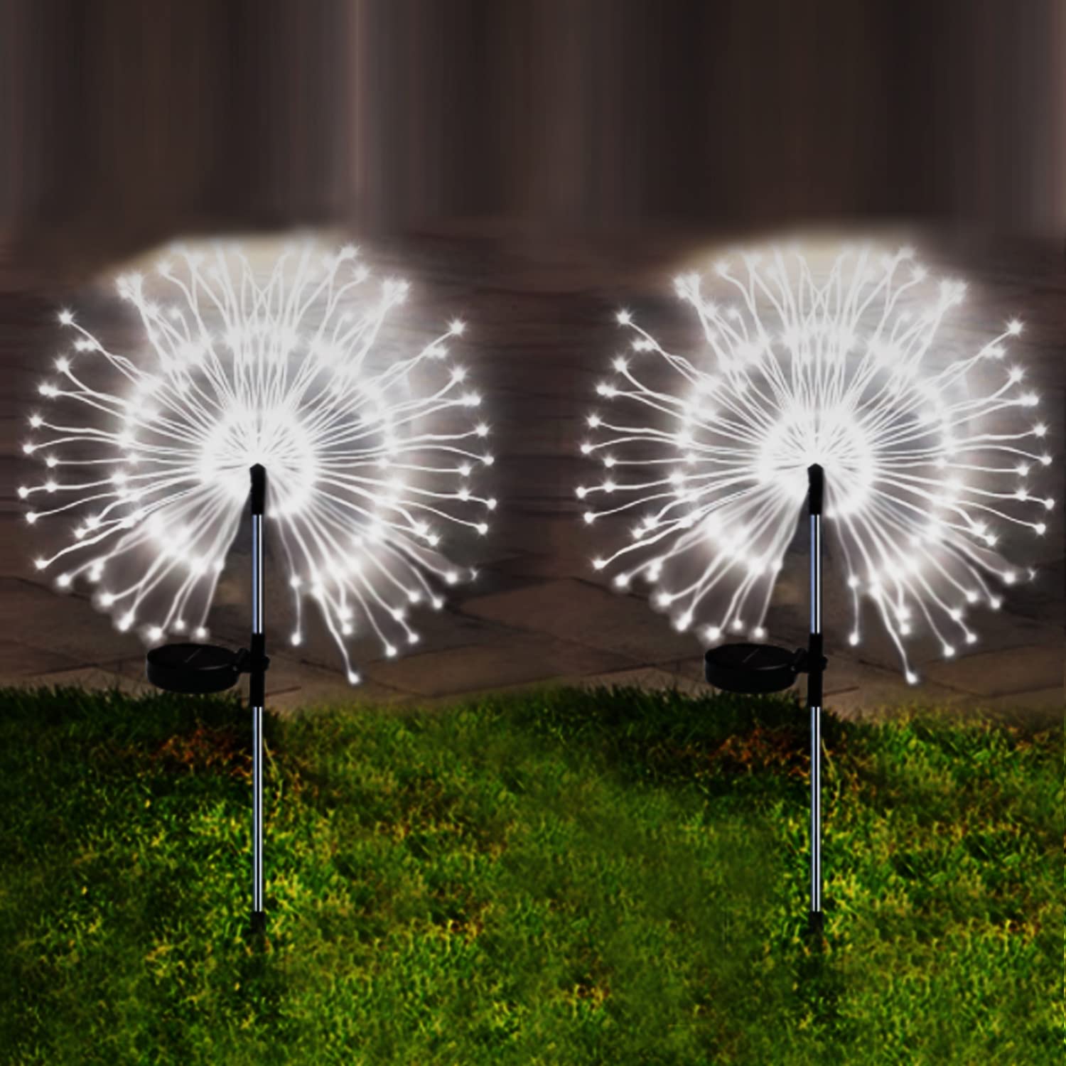 Leehui Solar Firework Lights Garden, 2 PCS 150 LED Decorative Starburst Lights Outdoor 8 Flashing Mode IP65 Waterproof, 50PCS Copper Wire Pathway Lighting for Patio Lawn Backyard Wedding (Cool White)