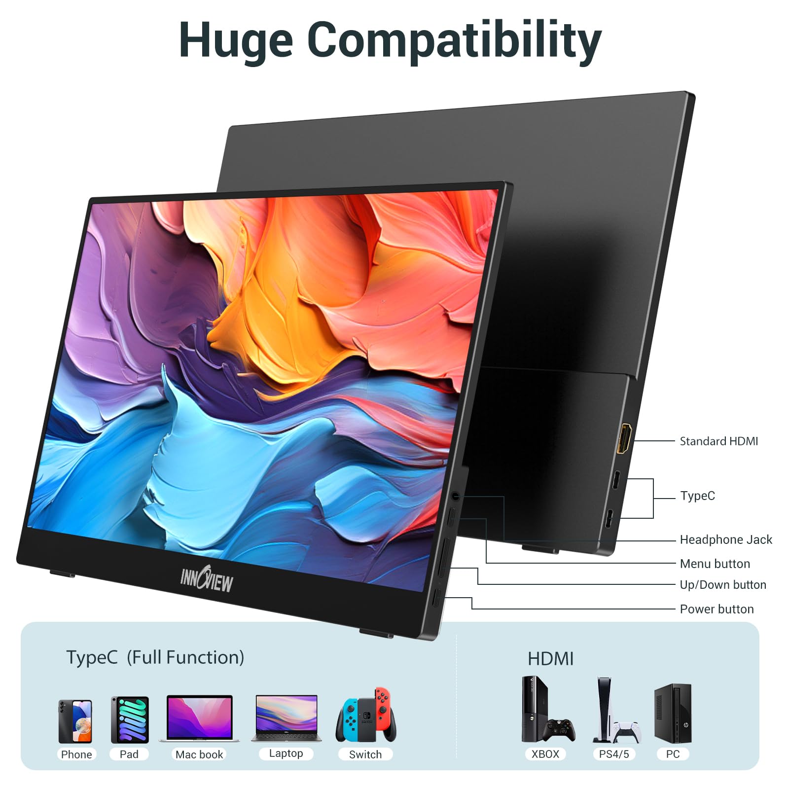 InnoView Portable Monitor, 15.6 Inch FHD 1080P HDMI USB C Second External Monitor for Laptop, Desktop, MacBook, Phones, Tablet, PS5/4, Xbox, Switch, Built-in Speaker with Protective Case