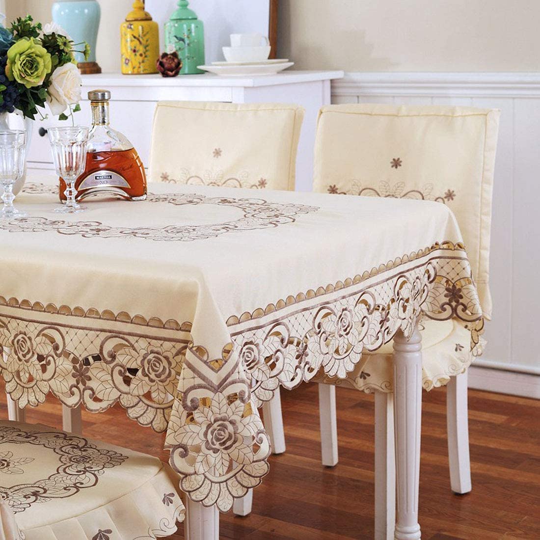 LeLehome Classic Embroidered Tablecloth, 55"X78" Oblong Vintage Brown Flower Lace Beige Rectangular Table Cloth for Kitchen Dining Home Party Wedding Decor — image 1