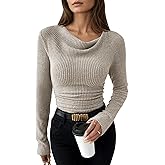 Pink Queen 2026 Spring Cowl Neck Tops for Women Long Sleeve Ruched Slim Fit Ribbed Knit Basic Shirts
