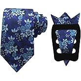 Mantieqingway Floral Tie Sets for Men Classic Flower Tie and Handkerchief with Pocket Square Holder for Dinner Wedding