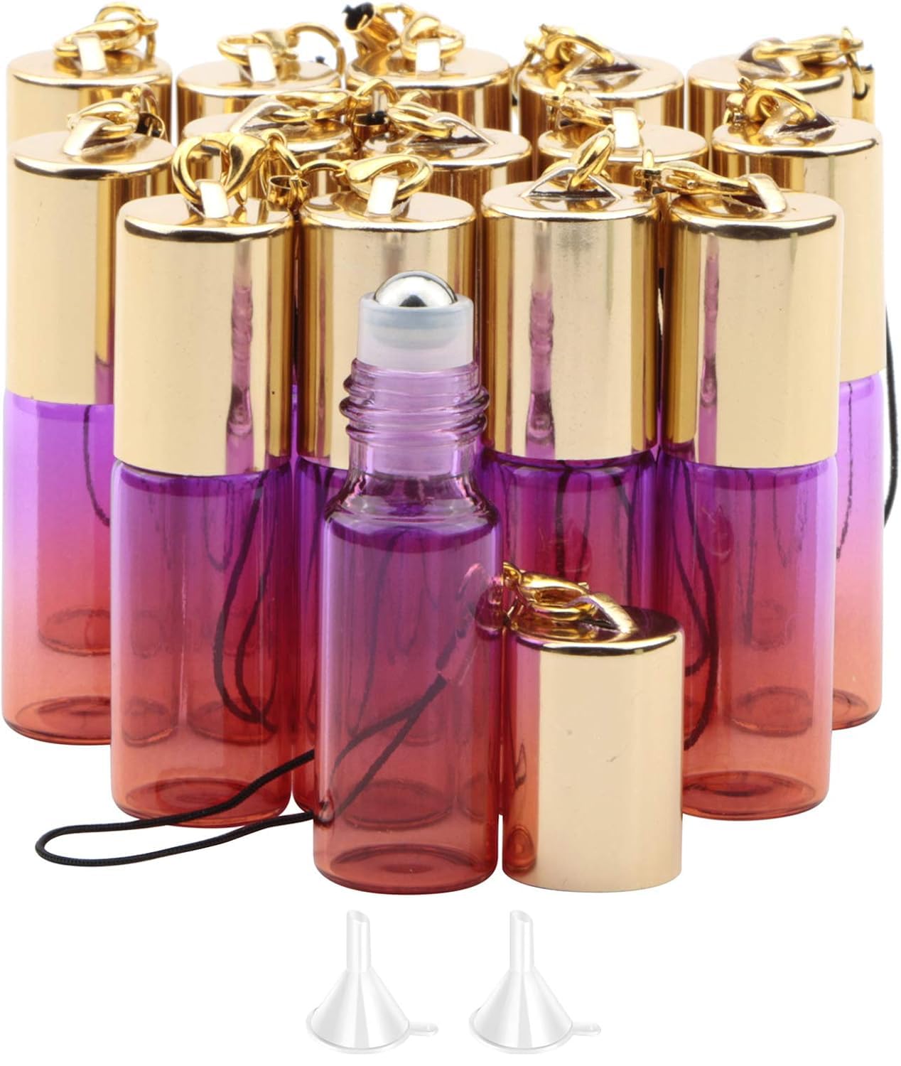 Rowiz 15PCS 5ml Purple-Orange Gradient Color Glass Roll on Bottles Empty Sample Vial Essential Oil Glass Bottles with Stainless Steel Roller Balls and Golden Screwcap with Buckle