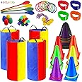 53 Pieces Outdoor Lawn Game Carnival Toss Game Set Potato Sack Race Bags Egg and Spoon Race Game Party Ring Bean Bag Tossing Cones Game Prizes for Adult Family Birthday Party Outdoor Game Supplies