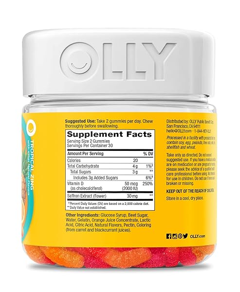OLLY HELLO HAPPY GUMMY WORMS, MOOD BALANCE SUPPORT, VITAMIN D, SAFFRON, ADULT CHEWABLE SUPPLEMENT, TROPICAL ZING – 60 COUNT