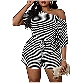 WDIRARA Women's Plus Size Striped One Shoulder Romper Short Sleeve Asymmetrical Shorts Jumpsuit