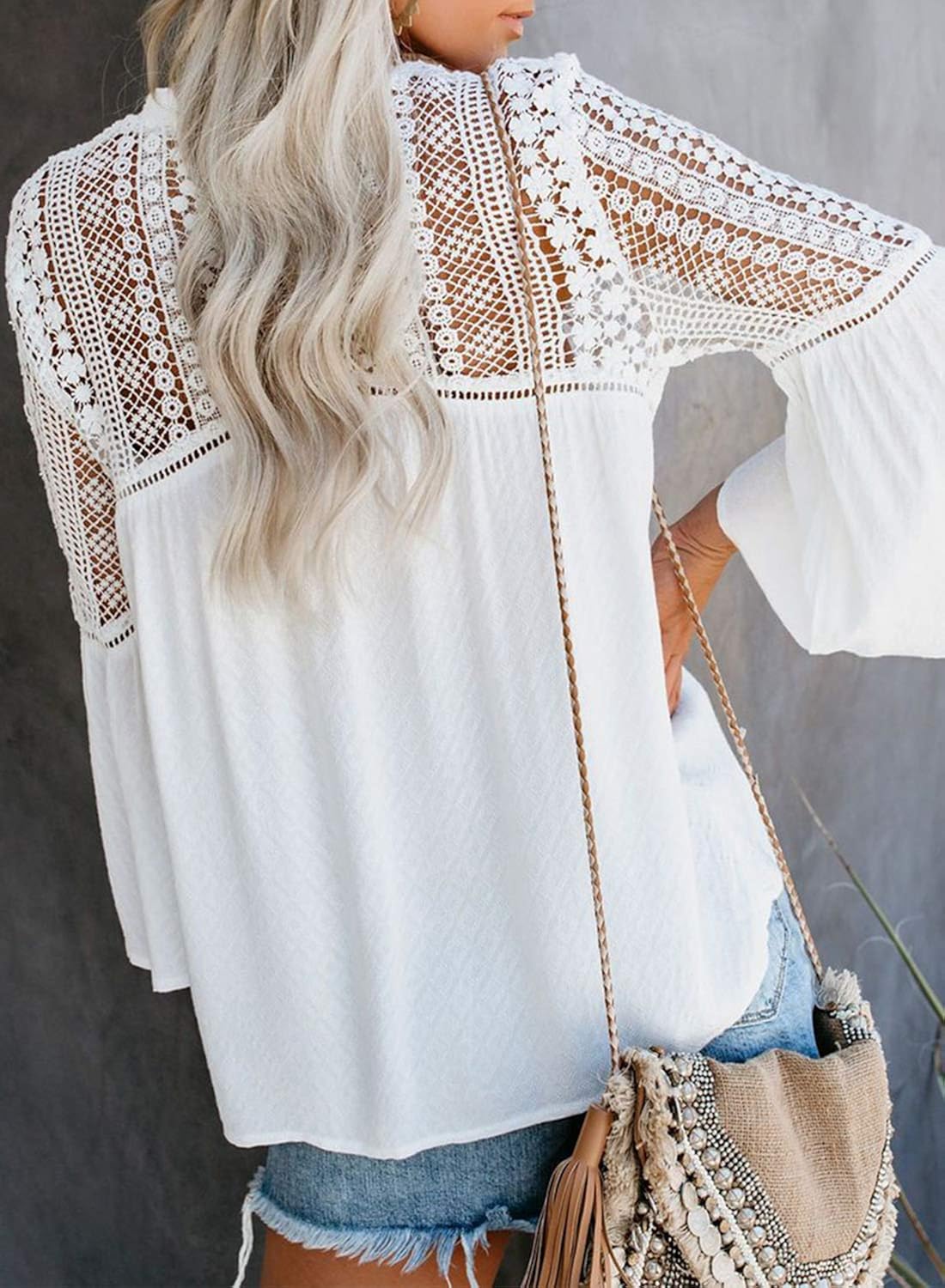 Aleumdr Women's Lace Crochet V Neck 3/4 Sleeve Button Down Blouses Casual Shirts Tops at  Women’s Clothing store