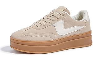 LUCKY STEP Women's Platform Fashion Sneakers Thick Sole Suede Genuine Leather Classic Rubber Gum Sole Low Top Casual Walking Shoes