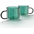 elle decor Double Wall Coffee Cups | Set of 2 | Cute Coffee, Tea, and Milk Glass Mugs with Handle | Insulated Espresso Cup | 10-Ounce | Gift Set for Valentines Day, Birthday, & Holidays (Green)