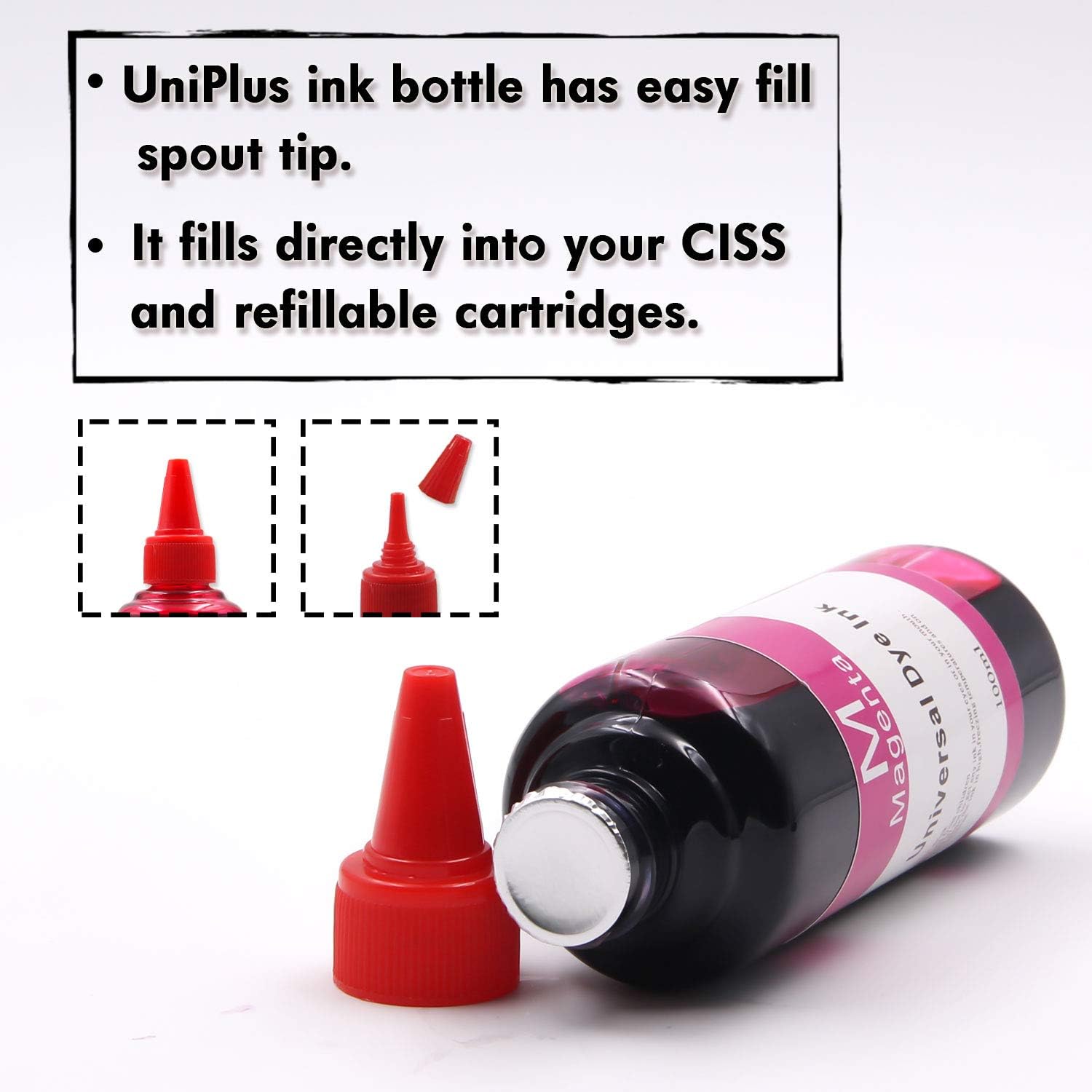 UniPlus 2 Bottles 100ml Yellow Universal Bulk Ink Refills Used for Epson HP Brother Canon Lexmark Printers Refillable Ink Cartridges and CISS Systems