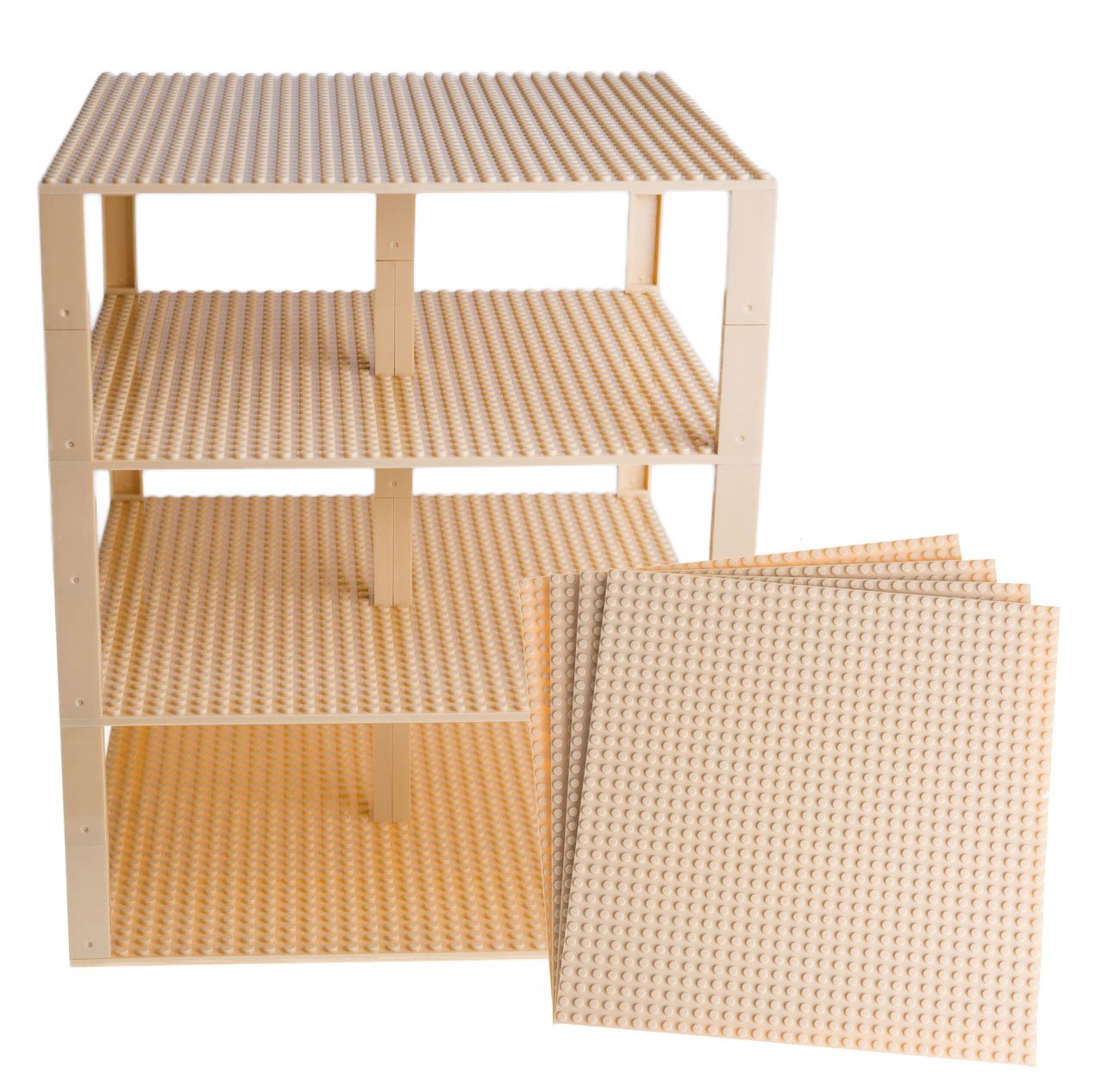 Strictly Briks Premium Sand-Colored Stackable Base Plates - 4 Pack 10" x 10" Baseplate Bundle with 30 Sand-Colored Bonus Building Bricks - Tower Construction