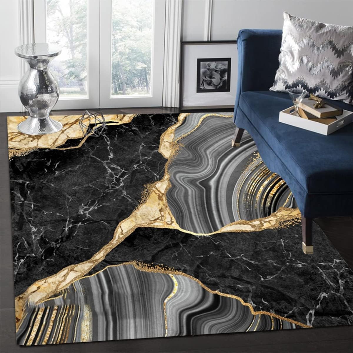 Black Grey Gold Marble Texture Modern Abstract Aesthetic Area Rug 5x7
