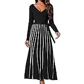Zoifada Womens 2025 Spring Autumn V Neck Wrap Dress Long Sleeve Tie Waist Ribbed Knit High Waist A Line Casual Midi Dress