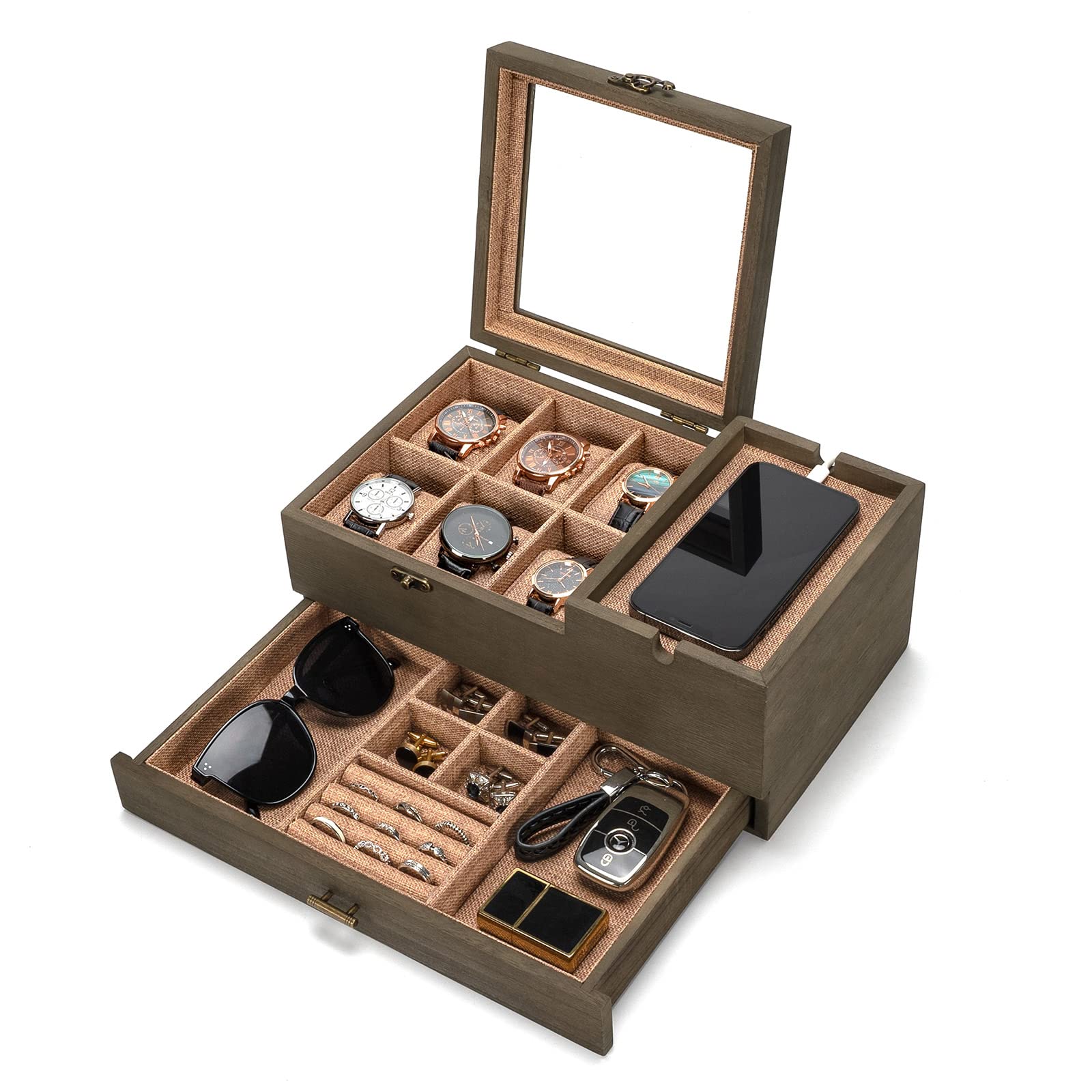 Pinzoveco Watch Box Organizer for Men, 6 Slot Mens Jewelry Box Display & Storage Watch, Solid Wood Watch Case for Men, Gift for Boyfriend Fathers Day Birthday Gifts (Weathered Gray)