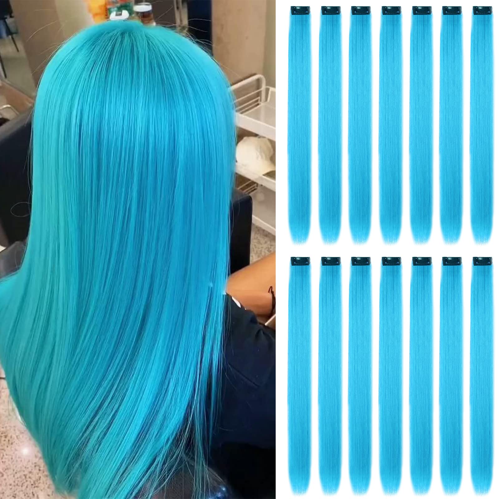 16Pcs Colored Clip in Hair Extensions, 22 Inch Colorful Highlights Hairpieces Straight & Long Heat-Resistant Synthetic Hair Accessories for Kid Girls Women Party Hair Decor (16Pcs-Sky Blue)