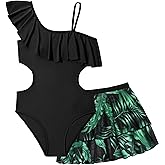 Doumlop Girls One Piece Swimsuits Tropical Girls Swimsuit with Mesh Skirt Girls Bathing Suit Ruffle Girls' Swimwear 9-16Y