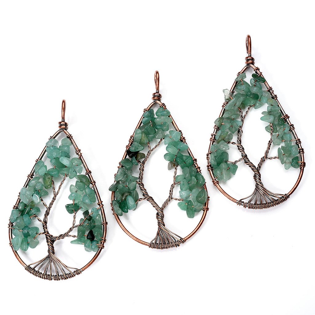 QGEM Bijoux Collier Pendentif Chakra Arbre de Vie en Pierre Naturelle Forme Goutte d\'Eau Porte-bonheur Enérgie Healing(Aventurine vert)