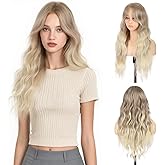 Aida ble Long Wavy Ash Blonde Wig with Curtain Bangs for Women 26 Inch Synthetic Wig Natural Looking Heat Resistant Fiber Hair Wig for Daily Party Halloween Cosplay Use