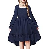Arshiner Girls Dresses Puff Long Sleeve Fall Winter Smocked High Low Swing Midi Dress with Pockets