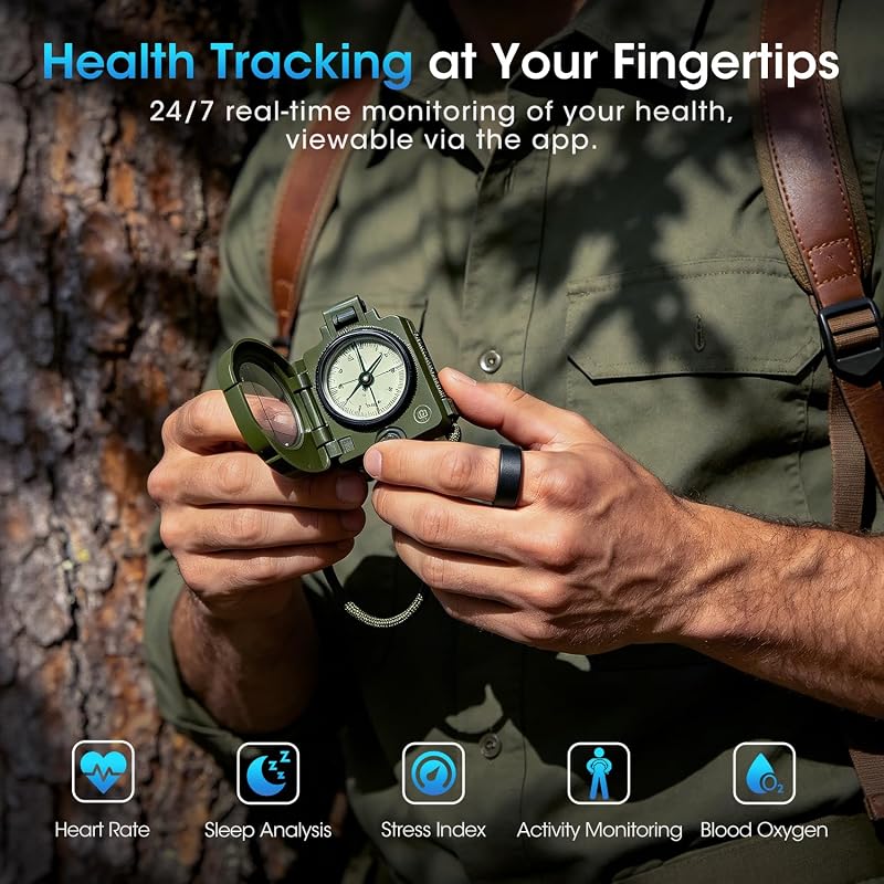 Bague Connectée Homme Femme, Smart Ring avec Commande Gestuelle, Fréquence Cardiaque(HRV), SpO2, Sommeil, 170+ Modes Sportifs, Smartwatch 5ATM Podomètre pour Android iOS, Taille 11, Noir — photo 4 sur 8