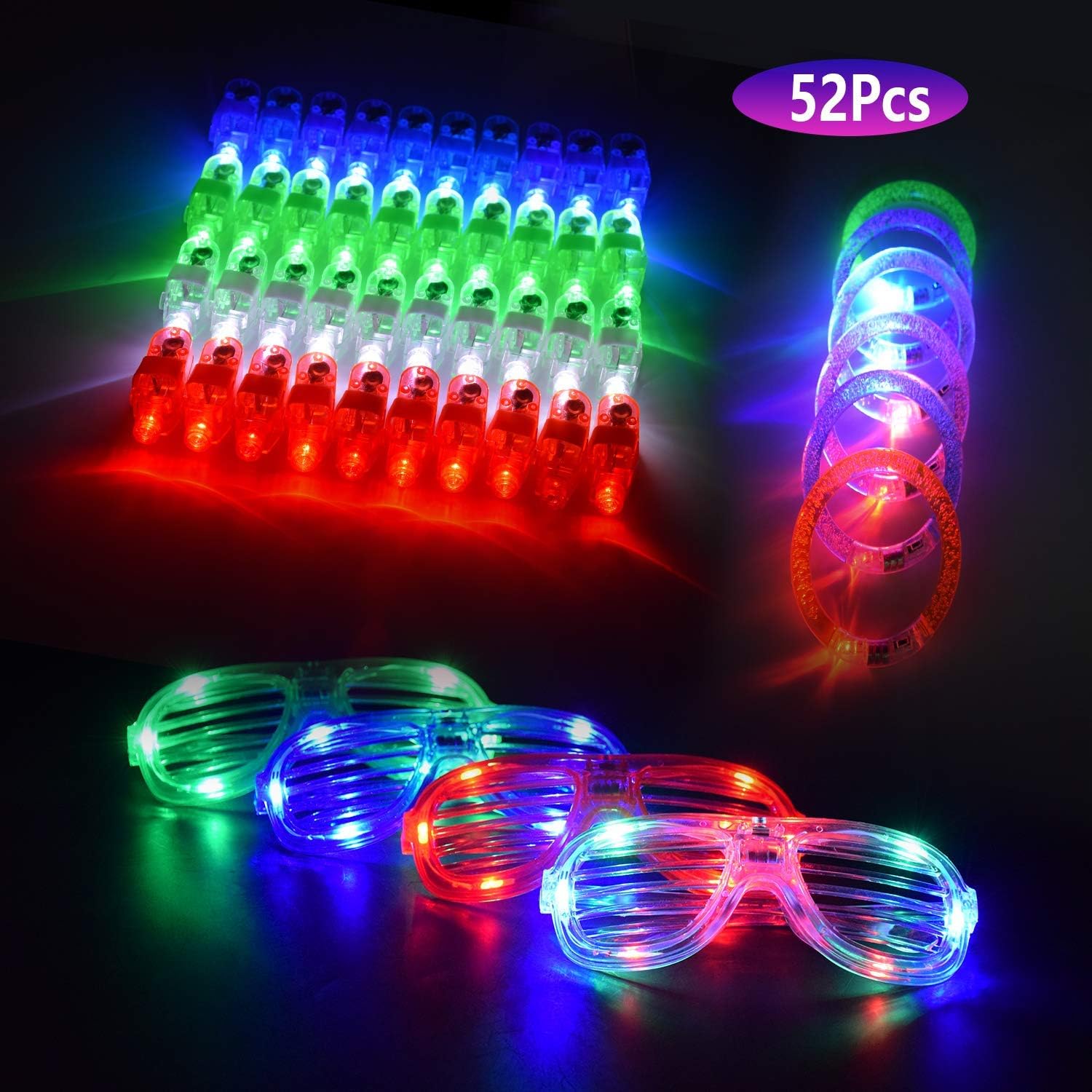 Senhui 52 Light Up Toys LED Party Favors Glow in the Dark Party Supplies for Adults Kids, 40 Finger Lights,8 Hand Bracelets,6 Flashing Neon Glasses Party Favors Supplies Gift Decorations