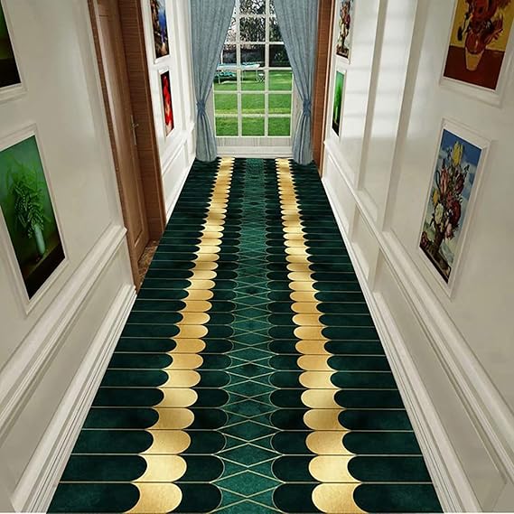 SLDAGe Long Narrow Hallway Passage Carpets, Dark Green Yellow Line