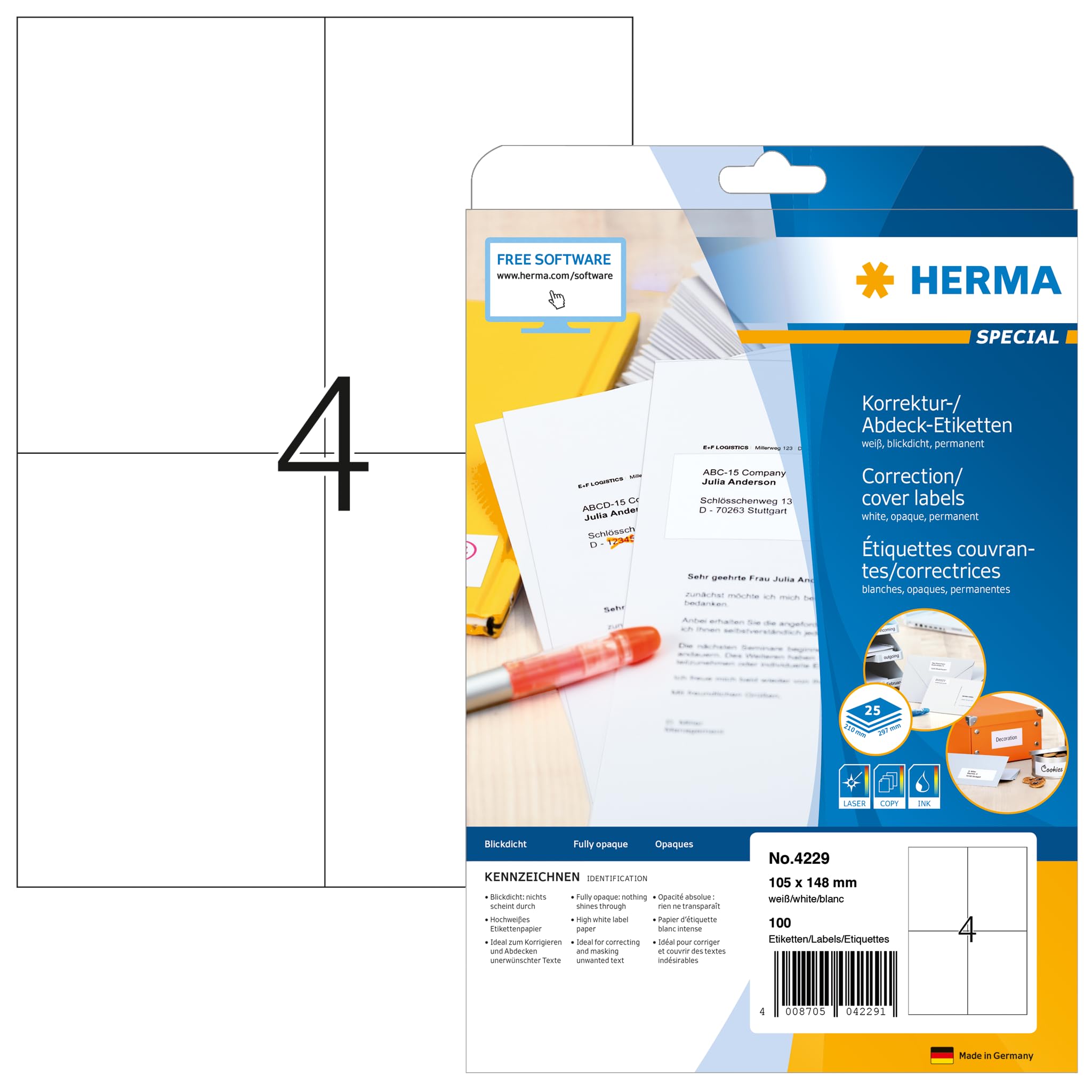 HERMA Self Adhesive Correction Labels, 4 Labels per A4 Sheet, 25 Sheets, 105 x 148 mm, 100 Labels, Blank Opaque Labels Stickers, Sticky Labels for Laser & Inkjet Printer, White