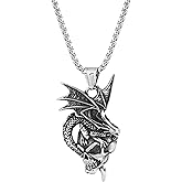 HAQUIL Dragon Skull Necklace, Dark Gothic Skull Dragon Pendant, Box Chain, Goth Jewelry Gift for Men