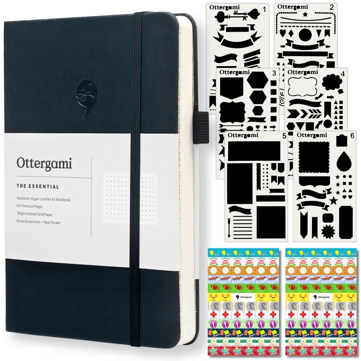 OTTERGAMI Bullet Journal Dotted | Notebook | Stencils, Sticker & Pen Holder | 100gsm Anti-Smudges Paper | The Essential - Black