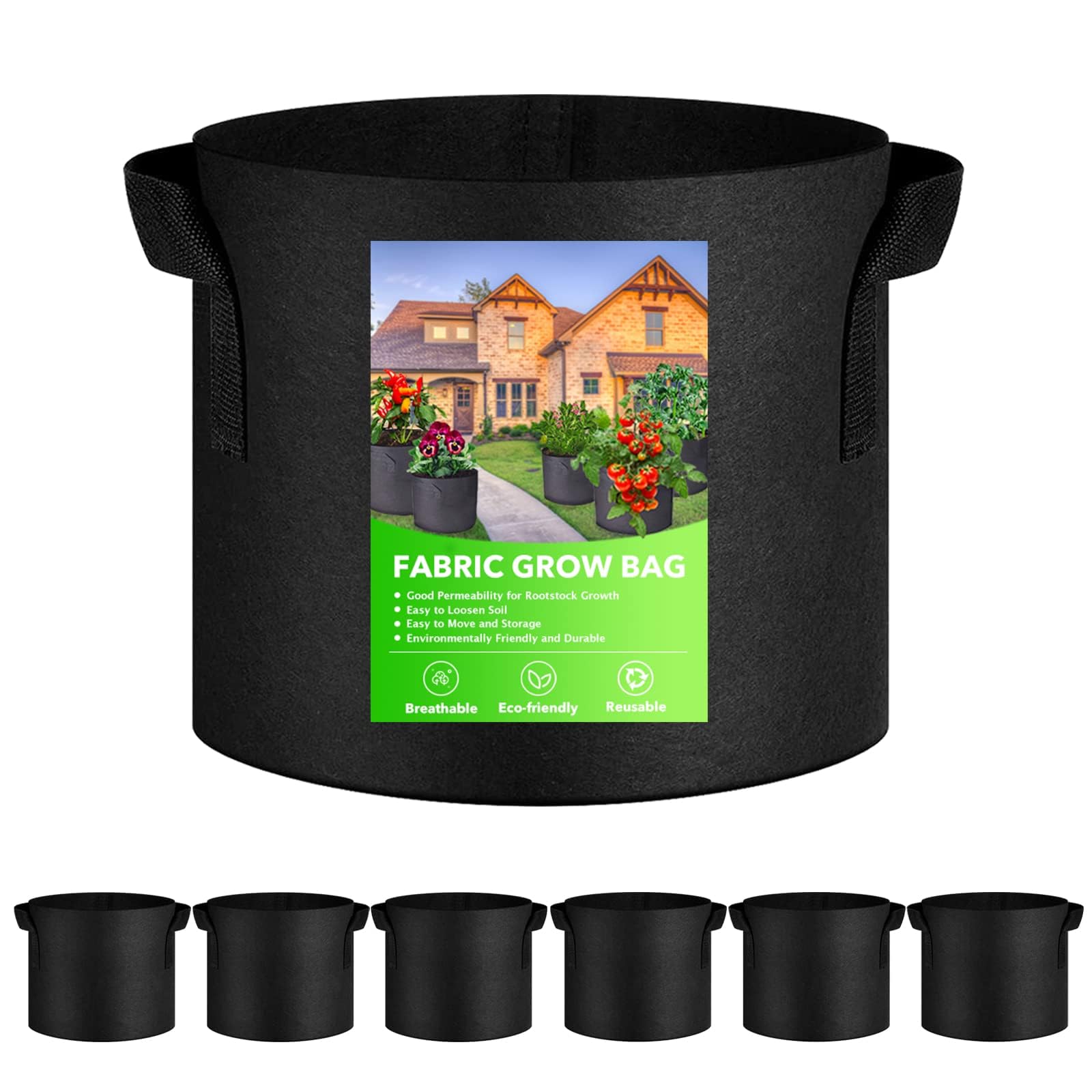 XVZ Grow Bags, 6 Pack 7 Gallon Non-Woven Fabric Pots, Garden Plant Grow Bags with Handles for Tomatoes, Strawberries, Vegetables - 30L Black
