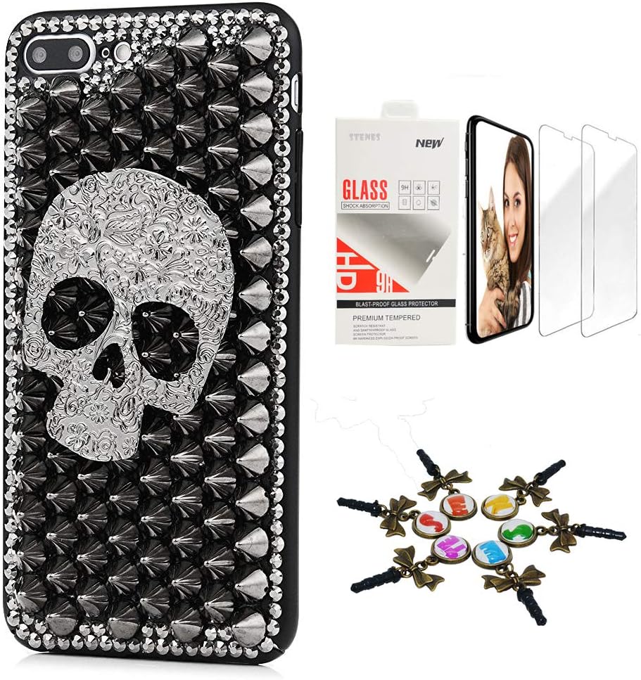 STENES Bling Case Compatible with iPhone X/iPhone Xs - Stylish - 3D Handmade [Sparkle Series] Punk Rivet Big Skull Design Cover with Screen Protector [2 Pack] - Black