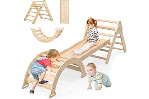 FOSTOY Pikler Triangle Set for Baby Climbing Toys 7 in 1 Foldable Wooden Montessori Climbing Set Indoor Playground for Kid with Arch-Ramp-Ladder Indoor Jungle Gyms for 1-3 Toddlers
