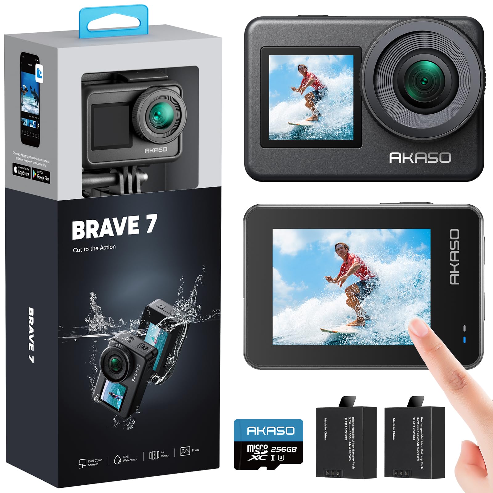 AKASO Brave 7 Action Camera with 256GB microSDXC Memory Card - IPX8 Waterproof Underwater Camera Native 4K 20MP WiFi Cam with Touch Screen EIS 2.0 Zoom Support External Mic Voice Control Vlog Camera