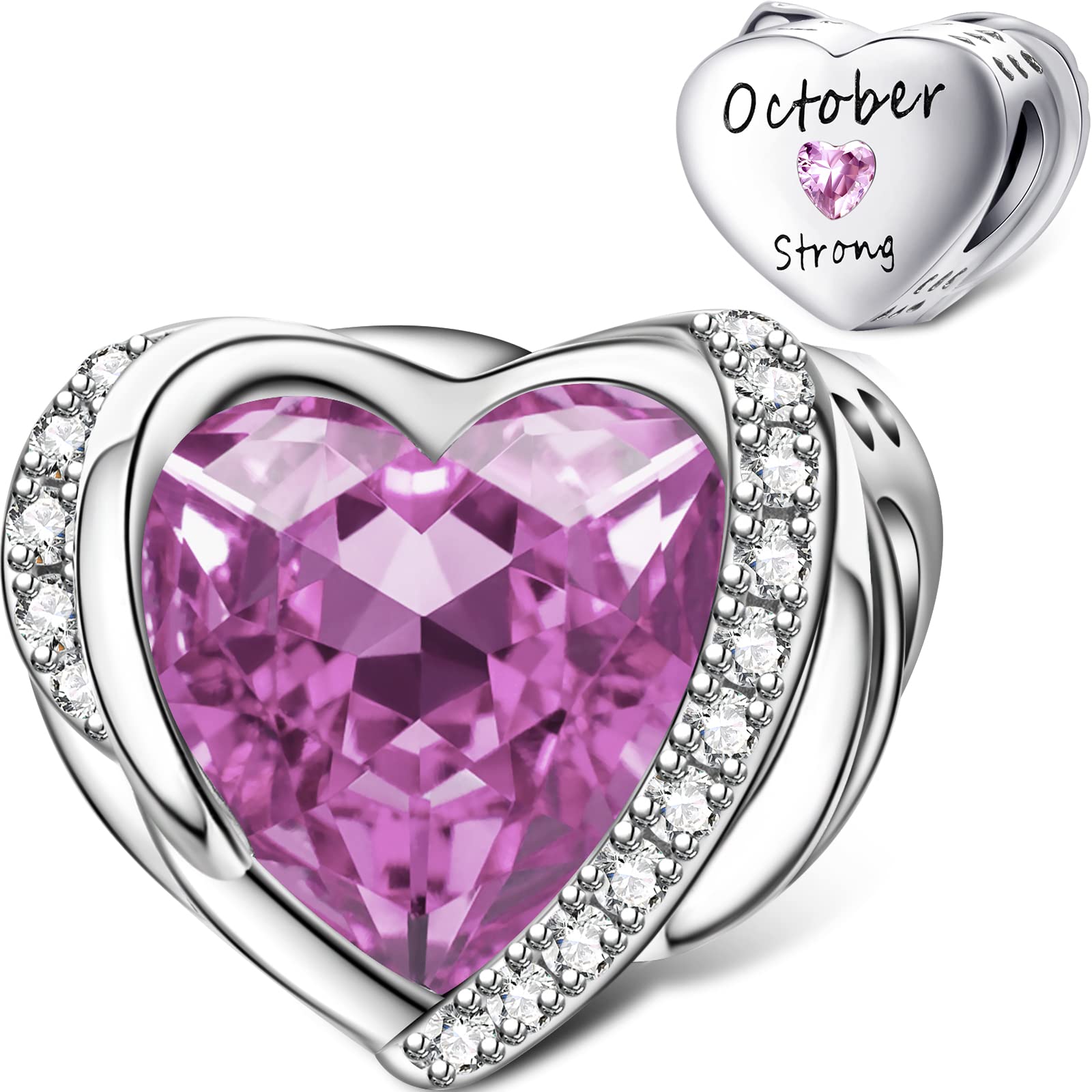 October Birthstone Charms for Pandora Charms Bracelet, Angel Wings 925 Sterling Silver Love Heart Bead Pendant Engraved Strong,Birthday Mother's day Jewelry Gifts for Women Girls