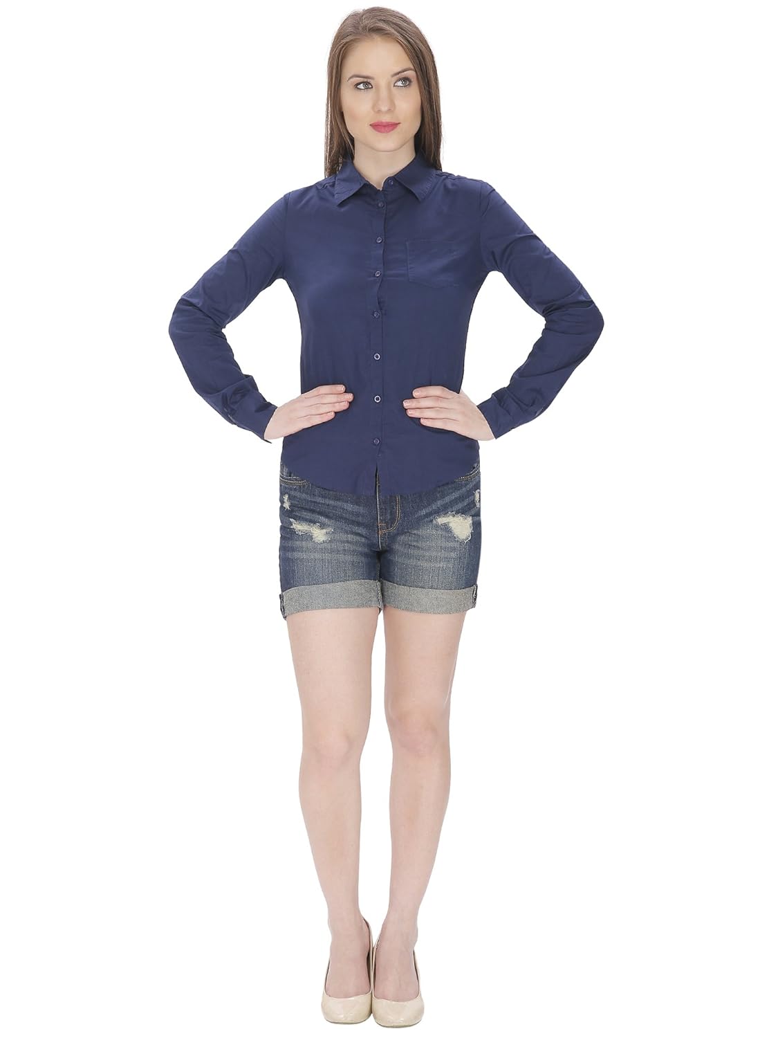 mansicollections solid formal dark blue shirt for women