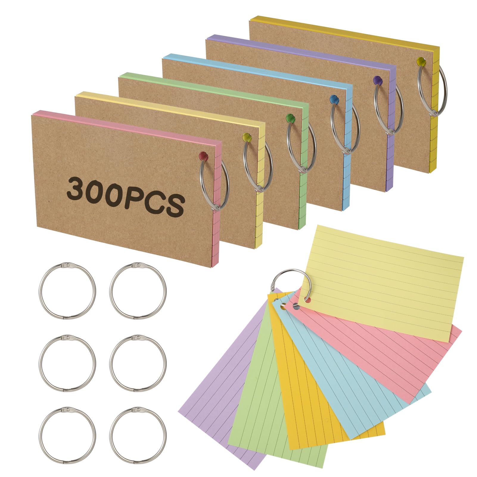 Zuimei 300 PCS Flash Cards Revision, 3x5 Inch Kraft Paper Flashcards Double Sided with 6 Metal Binder Rings, Multicolor Flashcard Supplies Study Cards for Revision, Office Home School Learning