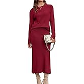 Arach&Cloz Women's Two Piece Outfits 2026 Spring Fashion Cashmere Casual Lounge Sweater Long Sleeve Raglan Cuffs Knit Top Midi Dress Matching Work Sets Business Outfits (Burgundy L)