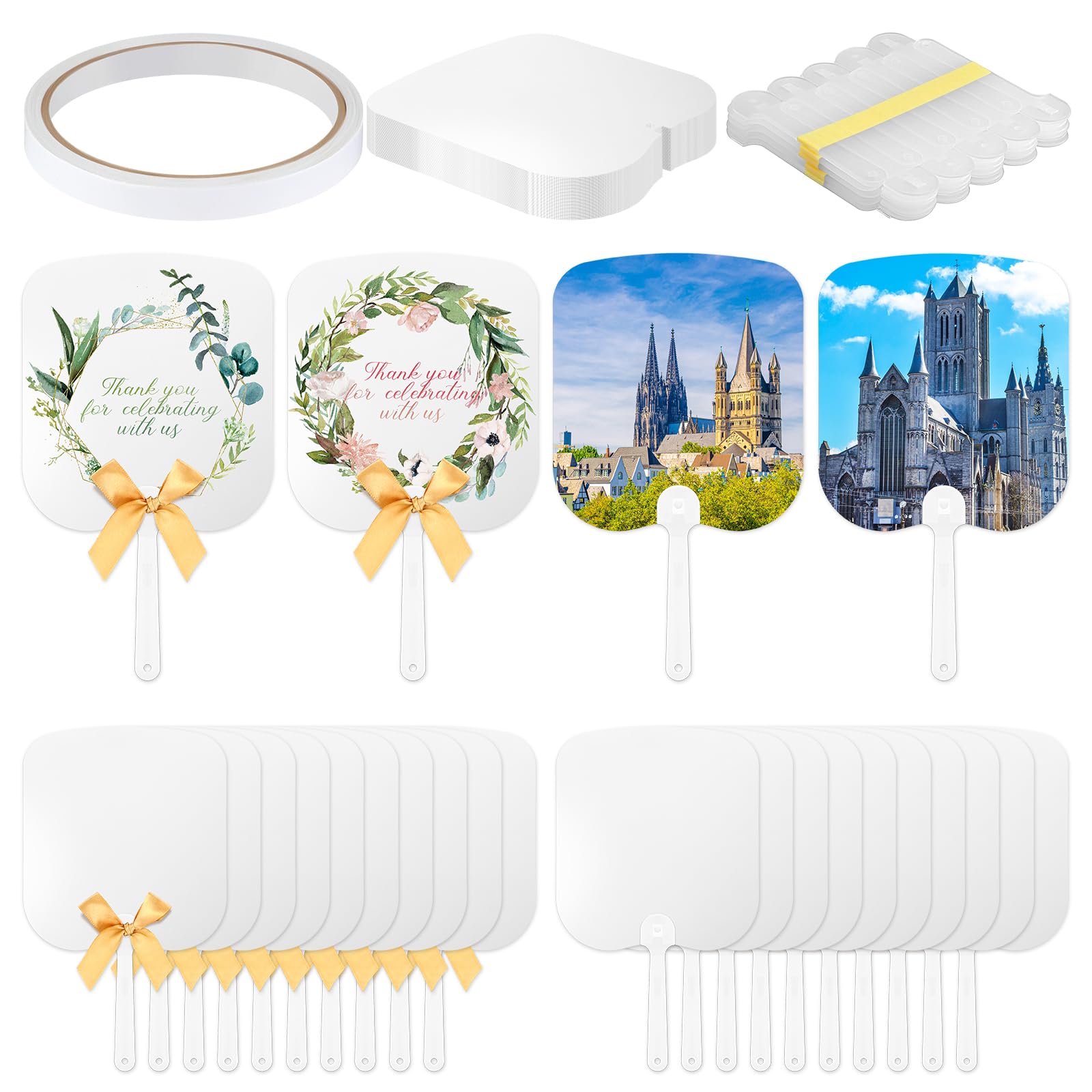 Photo 1 of Vercraft Sublimation Fans Blank Bulk Handheld Set Double Sided Sublimation Fans Includes Blank White Cardstock Handle Sticks Gold Bow for Wedding Baby Shower Party Supplies DIY(25 Pcs)