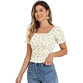 Allegra K Smocked Crop Top for Women's Slim Fit Floral Peasant Blouse