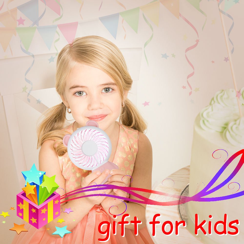 Rye-Tech Mini Handheld Fan, Personal Portable Rechargeable Fan with Color LED light 2 Adjustable Speeds Standing Base for House Travel Camping and Children Gifts - Pink Bear