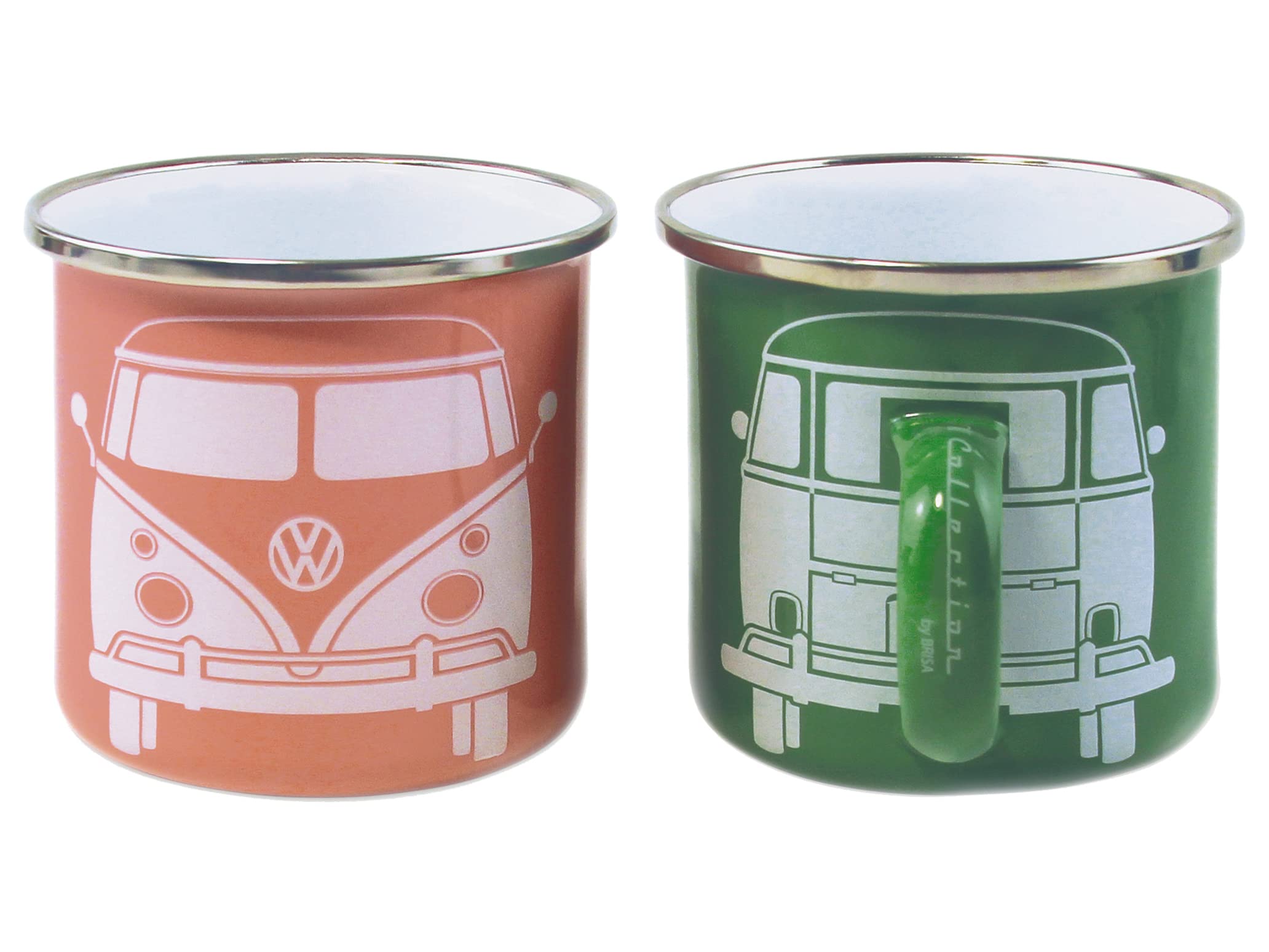 BRISA VW Collection - Volkswagen 2-Piece Enamel Coffee-Tea Mug Cup Set for Camping & Outdoor T1 Bus (Green/Rose)