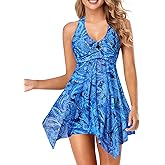 Holipick Two Piece Swim Dress Womens Tankini Swimsuits Halter Bathing Suit Dress Mesh Tankini Top with Boyshorts