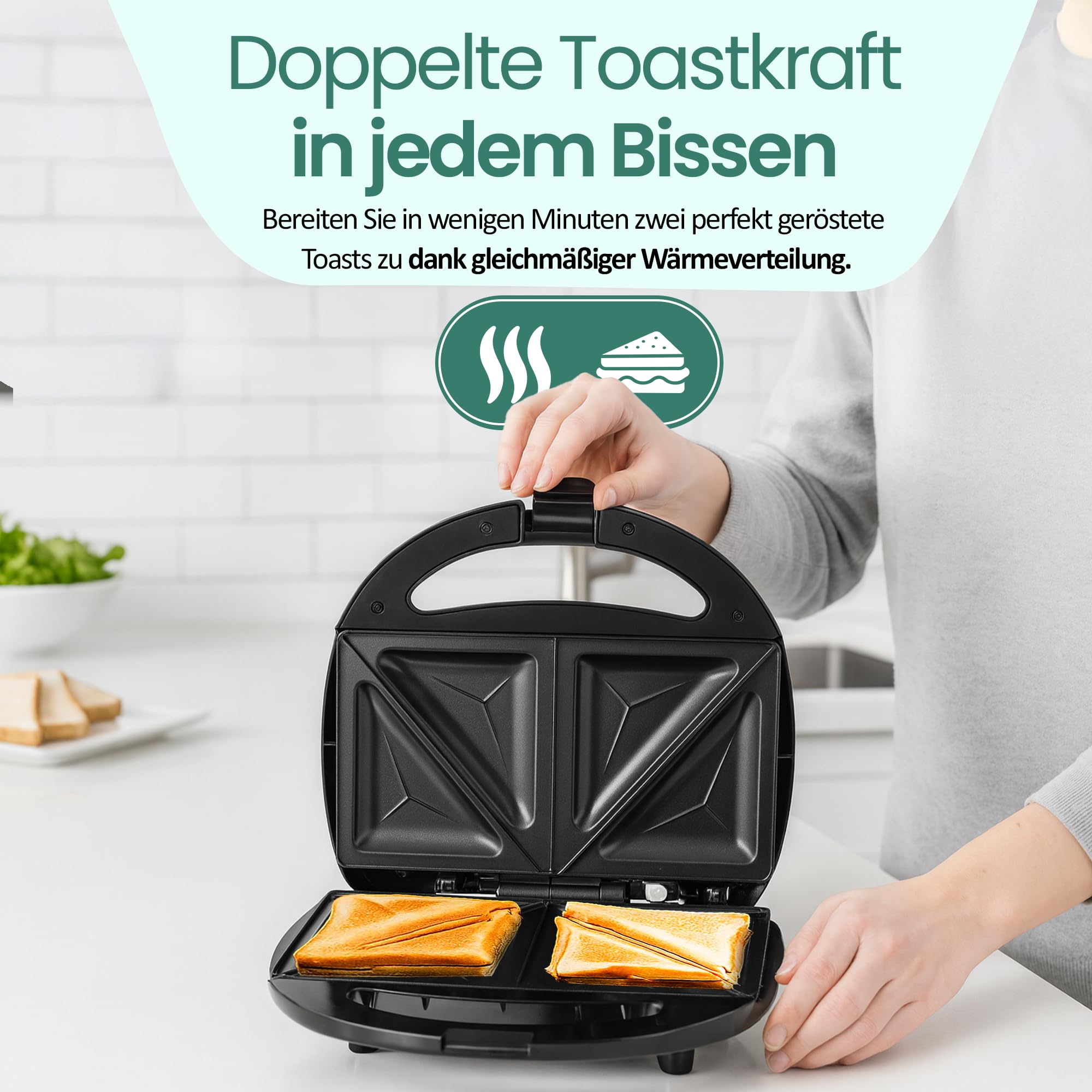 Emerio Doppel Sandwich Maker, BPA frei, klassische Form für dreieckiges Sandwich, leicht zu reinigen, Antihaftbeschichtung, heizt schnell auf, 750 Watt, Schwarz 3