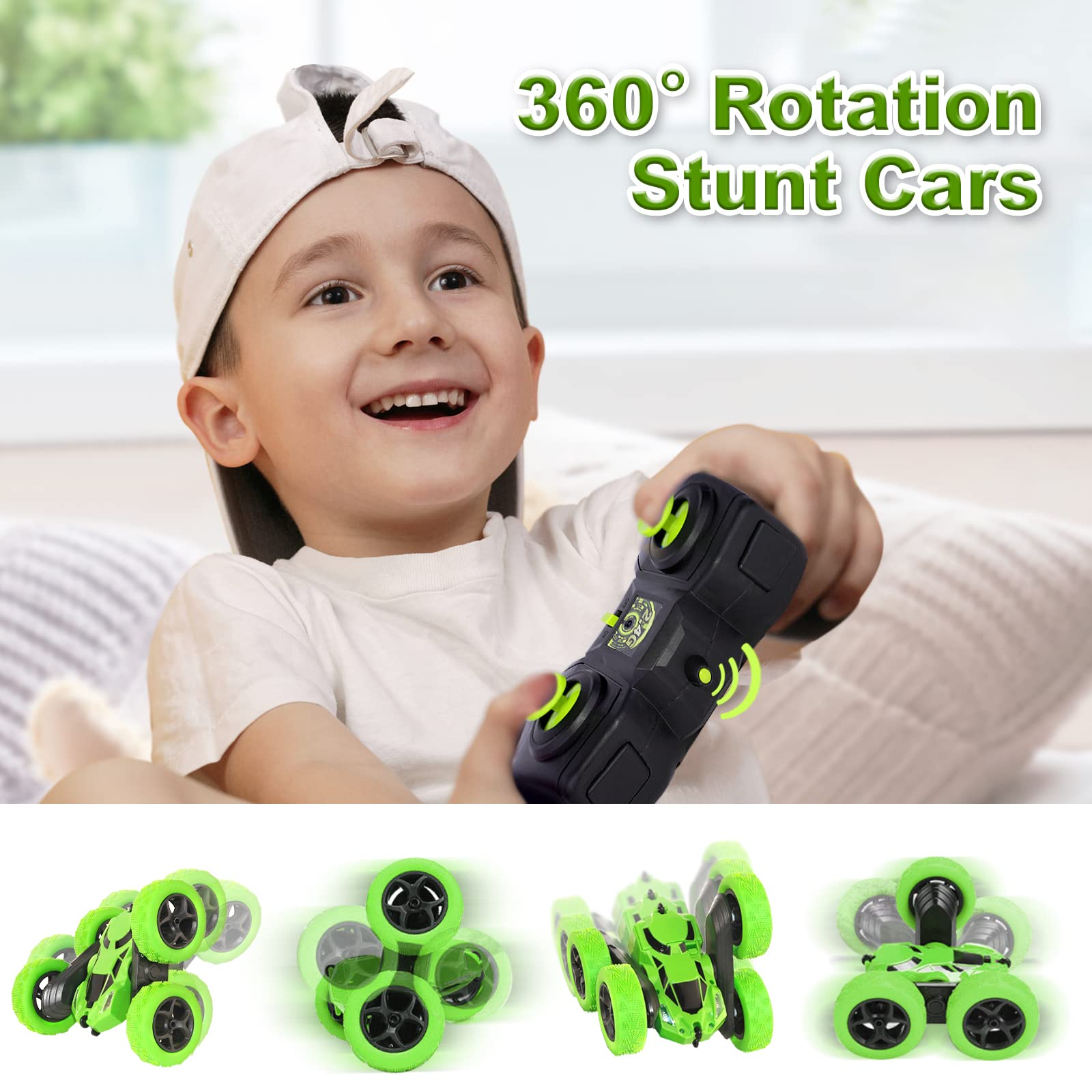 Remote Controlled Car, 90 Minutes Playtime, 2.4 GHz Double-Sided 360° Rotating RC Stunt Crawler with Headlights, 4WD Off Road Drift RC Car Toy Gifts for Boys 6-12 Green
