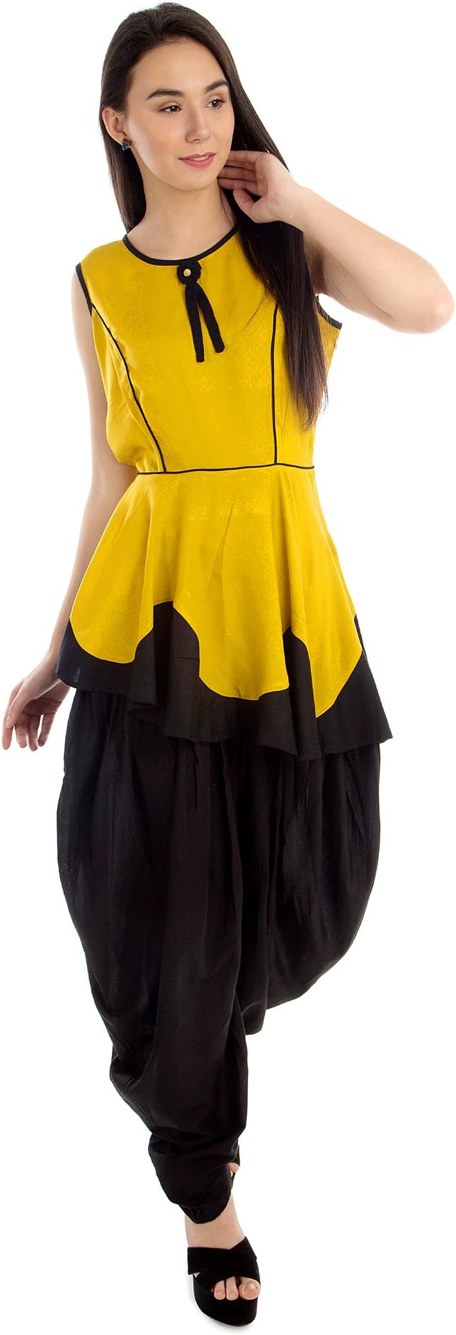 PATRORNA Women's A-Line Peplum Top and Black Dhoti Dresses in Mustard Black (F10A062MUBL)