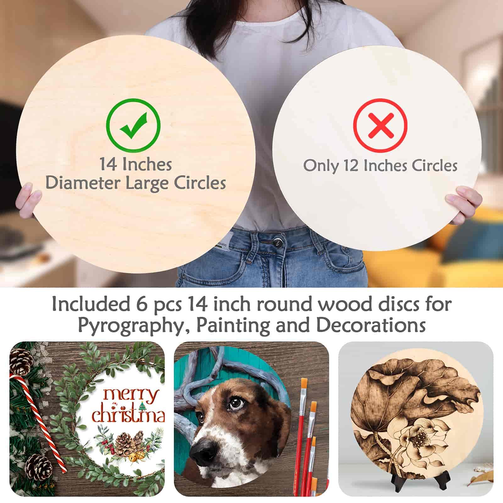 6 Pack 14 Inch Wood Rounds Circles for Crafts, Unfinished Wood Circles Wood Sign Blank, Wooden Discs for DIY Crafts, Door Hangers and Christmas Decoration
