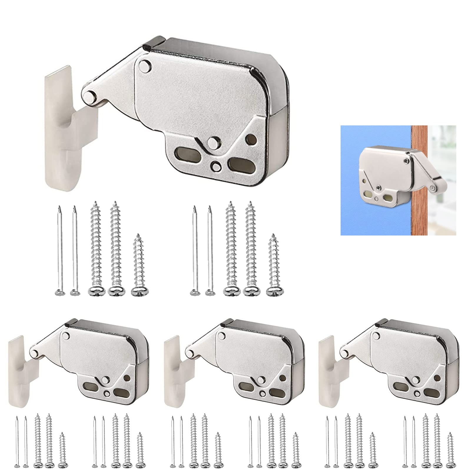 Srup Pack of 4 Cabinet Snap Lock, Spring Latch, Mini Latch, Automatic Furniture Catch for Cabinet Doors, Spring Catch with Counterpart